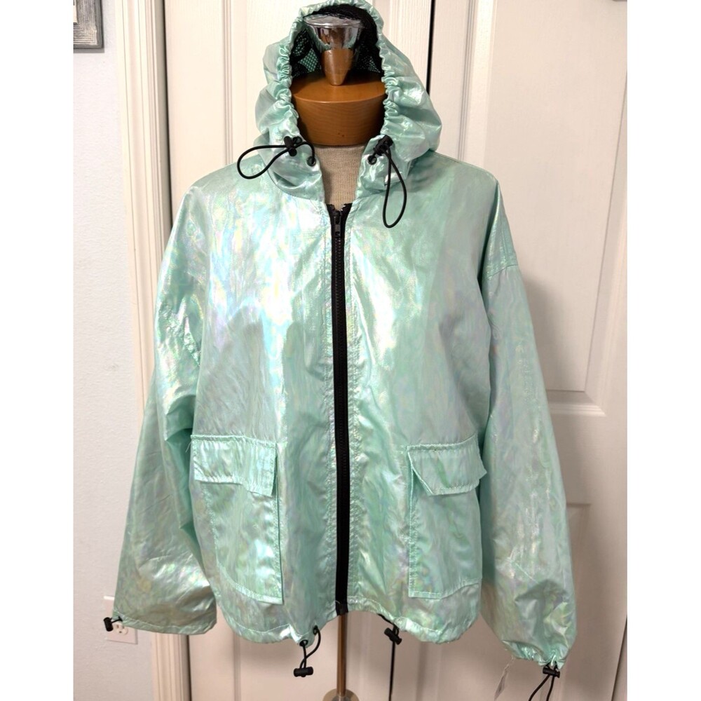 NWT Joujou Womens Sz XL Iridescent Mint Windbreaker Jacket Hooded Y2K NEW
